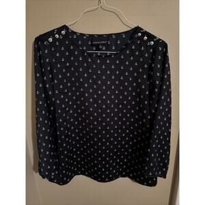 Cynthia Rowley, Navy Anchor 3/4 Sleeve Blouse, Size Large